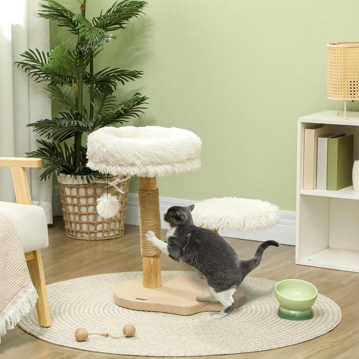 Когтеточка для котів PawHut 61,5 см, біла, з ігровим м'ячем, лежанкою та драпаком, для котів до 5 кг, березове дерево