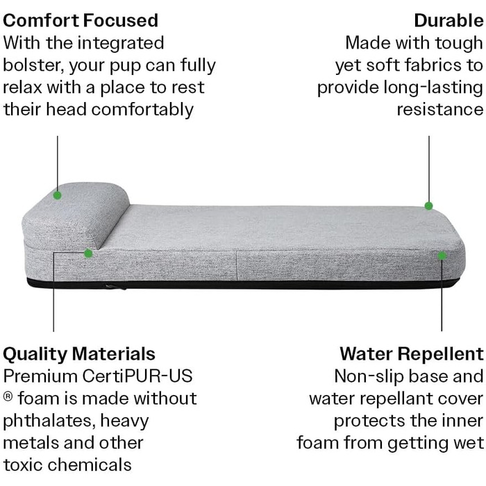 Лежанка для собак Diggs Bolstr, сіра, з водонепроникним покриттям та зручною підголівником (M)