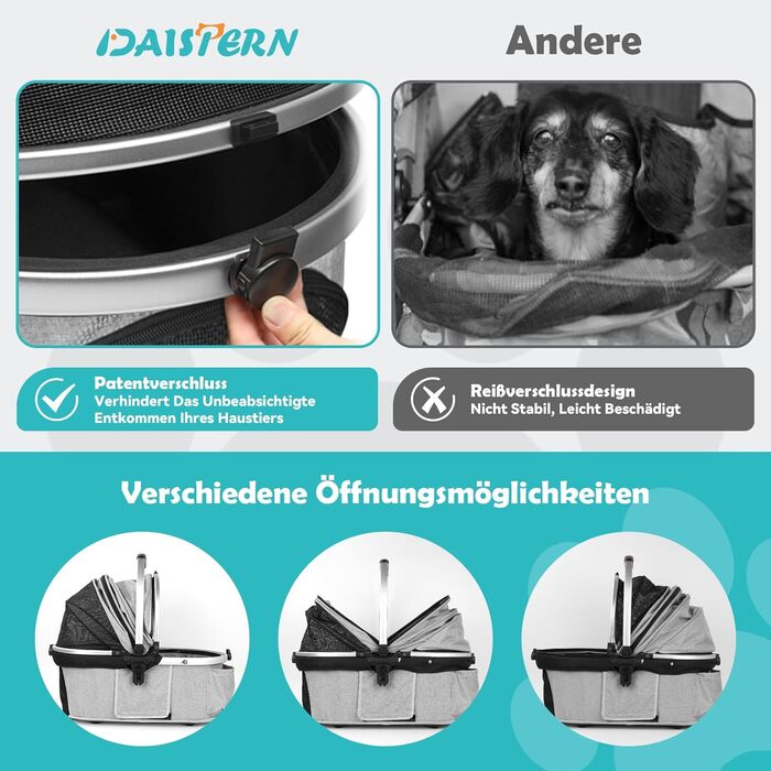 Візок для собак DAISTERN, складаний, до 25 кг, сірий. Легкий алюмінієвий каркас, поворотне EVA-колесо з амортизатором та гальмом, 4-в-1 для прогулянок, міста та ветеринара.