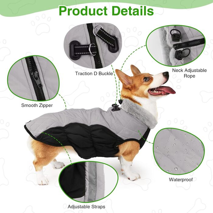 Зимова куртка для собак, водовідштовхувальна, тепла, м'яка, вітрозахисна з кріпленням для повідка, світловідбиваюча, на блискавці, з регульованою застібкою, для маленьких та середніх собак (зелена, сіра, XL)