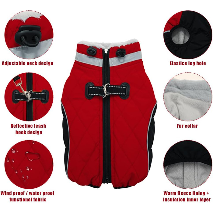 Водонепроникний зимовий одяг для собак Fadcaer: тепла куртка з флісовою підкладкою, світловідбиваючими елементами, для холодної погоди (S, червоний)