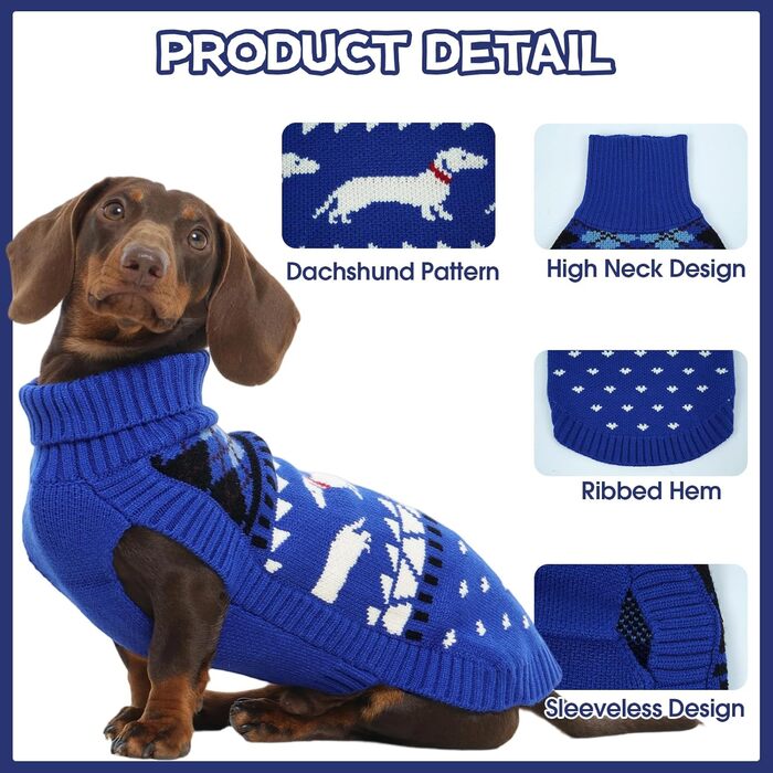 Пуловер для собак Дачхунд, теплий зимовий пуловер з візерунком, м'який трикотажний пуловер з коміром-стійкою, синій, розмір L