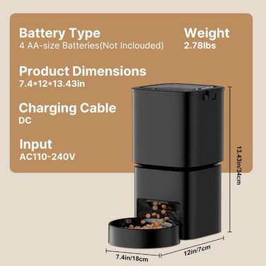 Автоматичний годівник для котів та собак з Wi-Fi, 5л, чорний. Керування через додаток, 1-10 прийомів їжі на день, 2.4GHz / 5GHz