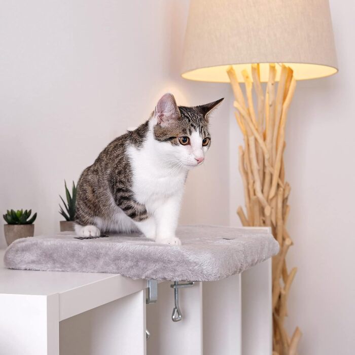 Кішка ліжко для вікна Lionto, м'яке, плюшеве, 35x50 см, без свердління, знімний чохол, до 15 кг, сірий (з нанесенням імені)