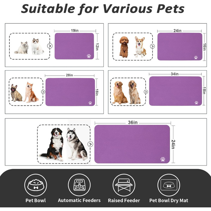 Килимок для годування домашніх тварин HotLive: вбираючий, для собак та котів, фіолетовий, 12'x19'