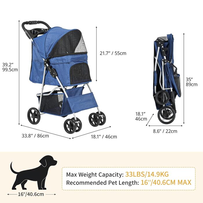 Візок для собак та котів DWVO, 15 кг, складання, з сітчастими віконцями та тримачем для напоїв, кошиком для зберігання (Блакитний)