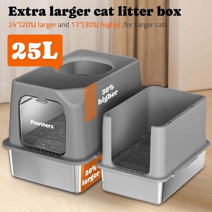 Pawtners велика котяча туалетна з нержавіючої сталі з кришкою, XL, легка для чищення, антипригарна, захист від протікання сечі, темно-сіра