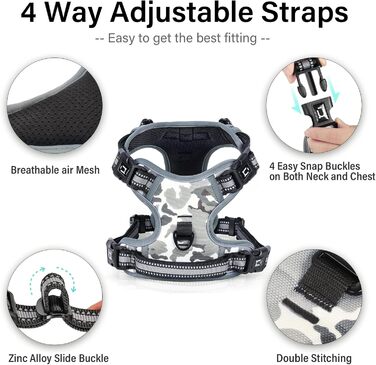 Нагрудник для собак No-Pull, антинатягний, для маленьких, середніх та великих собак - м'який, дихаючий, регульований, світловідбиваючий, з м'яким ручним захопленням (L, Camo Grey)
