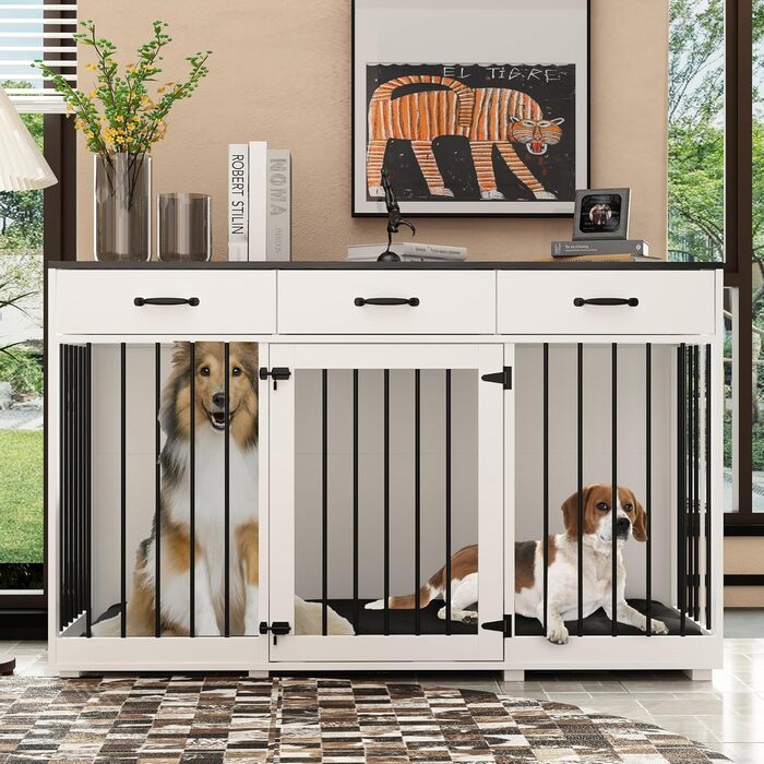 Клітка для собак для дому, металева, XXL, з шухлядами, 137 x 57 x 85 см, чорно-біла