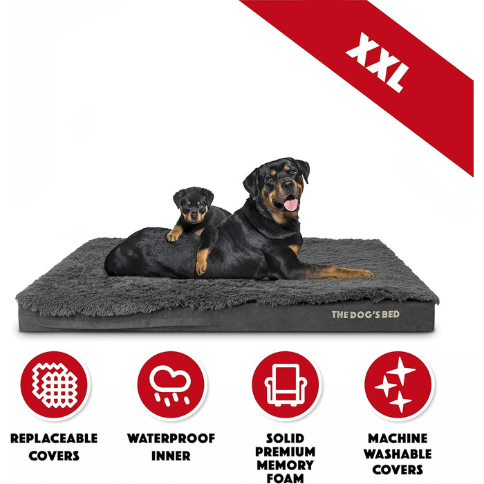 Ортопедичне собаче ліжко, велике, штучне хутро, 101 x 64 x 10 см, водовідштовхувальне, з Memory Foam, сіре (135 x 91 x 10 см)
