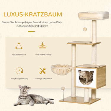 PawHut Cat Tree Бежева котяча печера з платформою висотою 126см з дерева та ДСП Сизаль для кішок