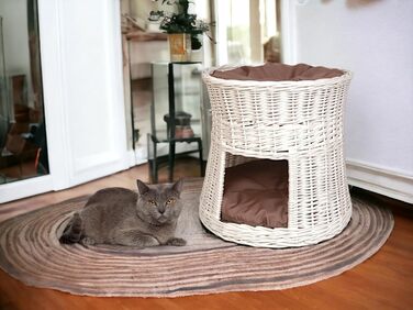 Кігтеточка-будиночок для котів: двоярусне ліжко з плетіння з лози, діаметр 50 см, з подушкою, білий колір