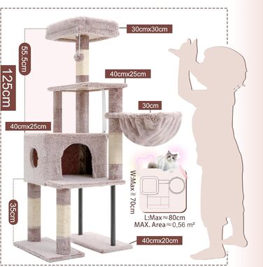 Котячий будиночок Heybly Kratzbaum HCT200SW: зручний когтетоп з будиночком, стійка конструкція 125 см (коричнево-бежевий)