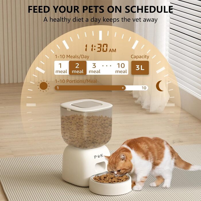 Автоматична годівниця для котів PUPPY KITTY з Wi-Fi, додатком, 2,4G, нержавіюча чаша, 10 порцій, легке очищення, запис голосу, біла