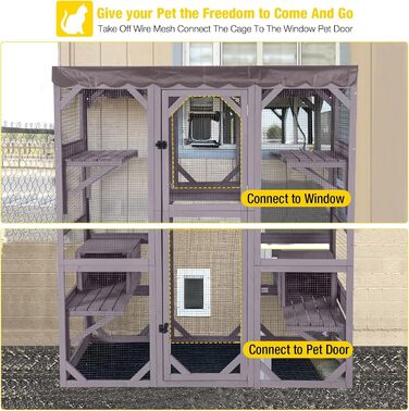 Дім для котів з дерева для вулиці та дому, велике котяче огородження на колесах, Catio-кафес з посиленими дерев'яними смугами, водонепроникним дахом (Тип D, Тип B-середній)