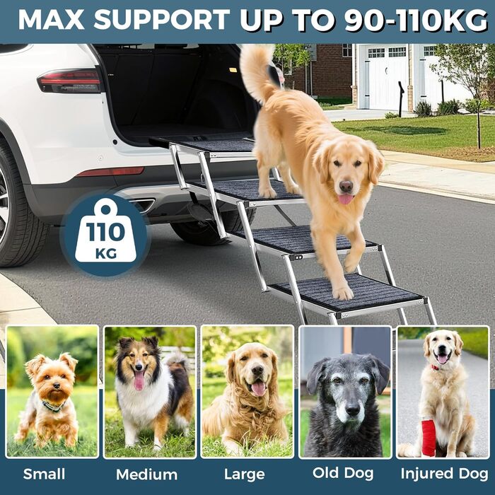 Східці для собак великих порід, широкі, 4 сходинки, складана пандус для собак (сіро-чорний, широкі, з килимом, 2)