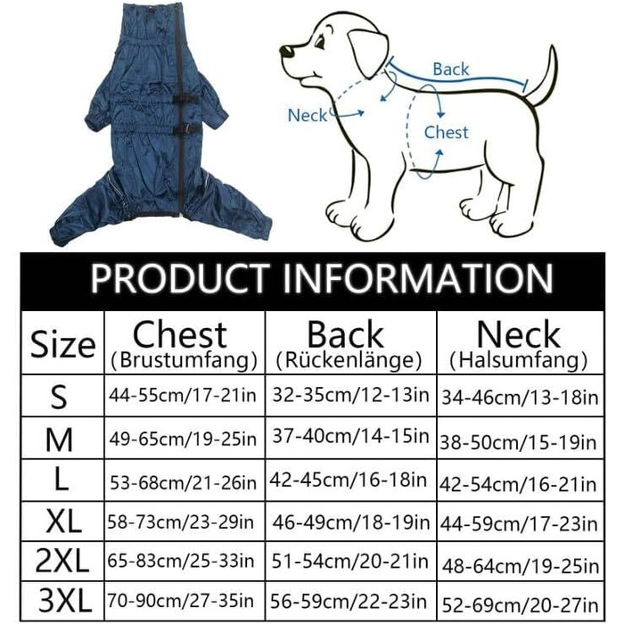 Дощовик для собак на 4 лапи, комплект куртка та штани, з отвором для шлейки, світловідбиваючий, водонепроникний, для великих, середніх та маленьких собак, Navy Blue, XXXL