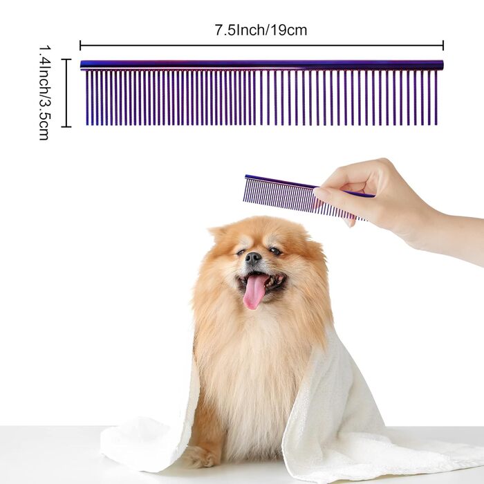 Гребінець для собак та котів, нержавіюча сталь, заокруглені зубці, 19 x 3,5 см (фіолетовий)