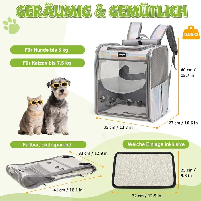 Рюкзак-переноска для котів та собак великих порід ALLSOPETS, складаний, дихаючий, для подорожей, прогулянок (димно-зелений, блискучий)