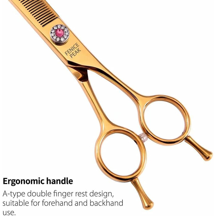 Професійні ножиці для собак Fenice Peak, JP440C, нержавіюча сталь, 17.8 см, вигнуті ножиці для фінальної обробки з 66 зубцями, кут 20-25°, титанове покриття, ергономічні ручки