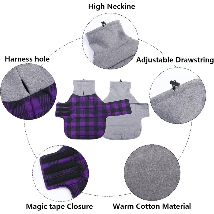 Зимовий нашийник для собак Dachshund від Geyecete, водовідштовхуючий, з отвором для повідка, теплий пуловер для маленьких собак, червоний (S, в клітинку фіолетовий)