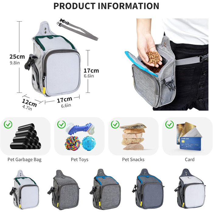 PETCUTE Сумка для дресирування собак, міцна сумка для ласощів, сумка для перенесення відходів, регульований плечовий ремінь, поясна сумка, кліп (білий, сірий+темно-зелений)