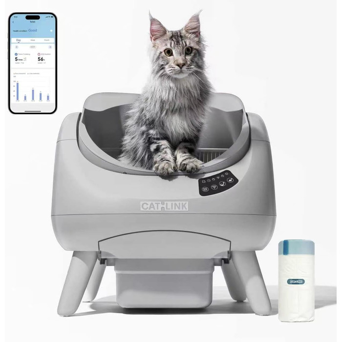 Автоматичний котячий туалет CATLINK C08 lite XXL з відкритим верхом, Wi-Fi 5 ГГц, 12 л, для будь-якого наповнювача, для багатокотячих домогосподарств, світло-сірий