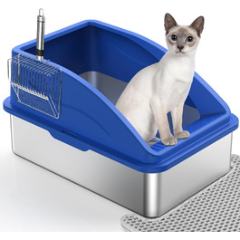 Великий котячий туалет FURTIME XXL з нержавіючої сталі 28 л, з совком і двошаровим килимком, проти протікань, без запаху, високий борт, для мейн-кунів, британських короткошерстих та інших порід