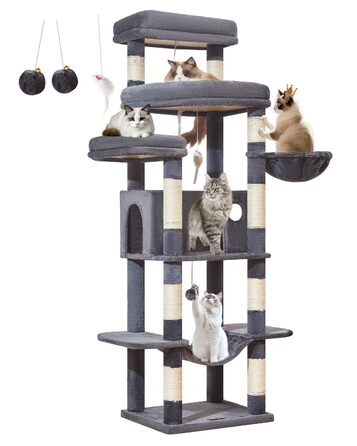 Комплекс для котів Taoqimiao 180 см XXL: Дряпка-стовпчик для великих котів (Мейн-кун), будиночок, гамак, платформа, 9 стовпчиків, кошик, темно-сірий
