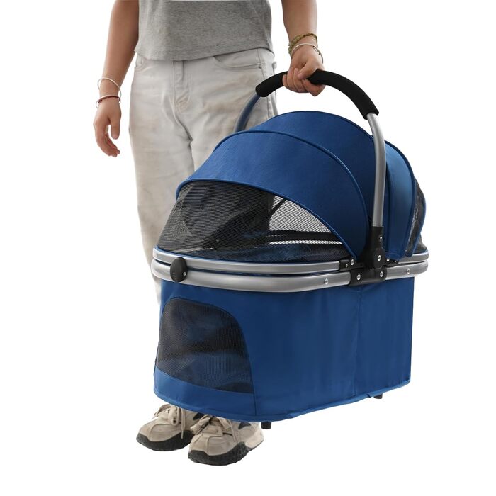 Складаний візок для собак 3-в-1 до 12 кг – Легкий візок для собак з знімним кошиком, регульованою ручкою та повітряпроникним дизайном для маленьких собак та котів (Темно-синій)