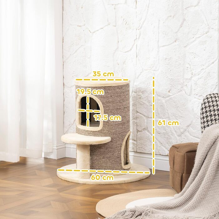 Кігтеточка PawHut для котів, 61 см, кігтеточний тунель з 2 печерами, стрибкова платформа, кігтеточний комплекс з сизалю та плюшу, для маленьких котів, бежевий