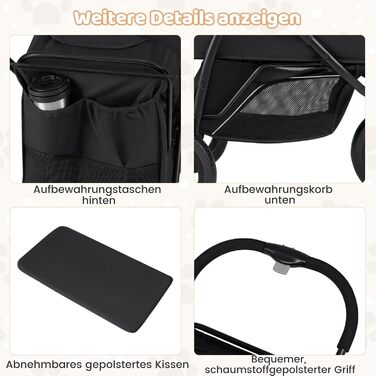 Візок для тварин Costway, розкладний, до 25 кг, для собак та котів, 3 колеса, регульоване сонцезахисне дах, сітчасте вікно, кошик та подушка, чорний