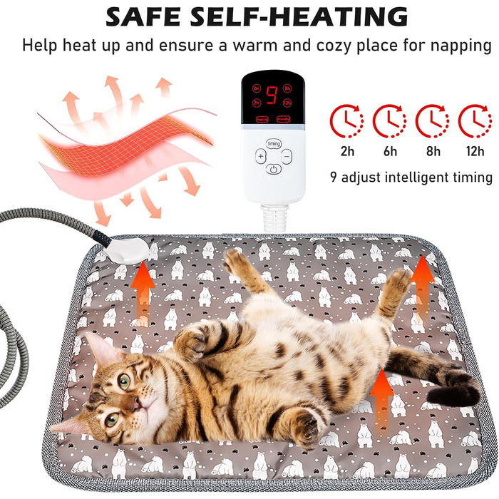 Грілка для котів та собак, килимок з підігрівом, 45 x 45 см, регулювання температури та таймер