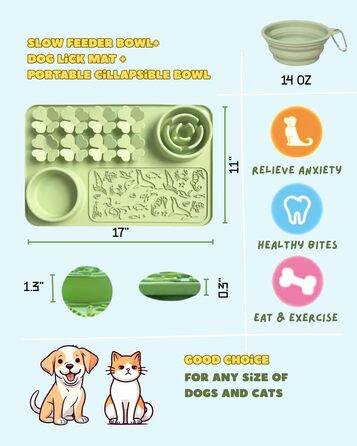 Силіконовий килимок проти протікання та миска для повільного годування собак та котів - килимок-нюхалка з присосками для собак та котів - повільне годування, тренування нюху, складаний портативний миска для корму (Зелений)