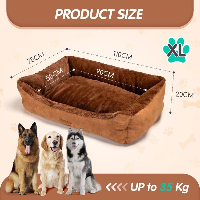 Ортопедичне ліжко для собак Nobleza, великі породи, XL, 110x75x20 см, коричневе, м'яке, антиковзаюче