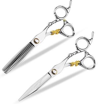 Набір професійних ножиць для грумінгу собак 6 дюймів: прямі та проріджуючі ножиці з регулюванням та золотою ручкою