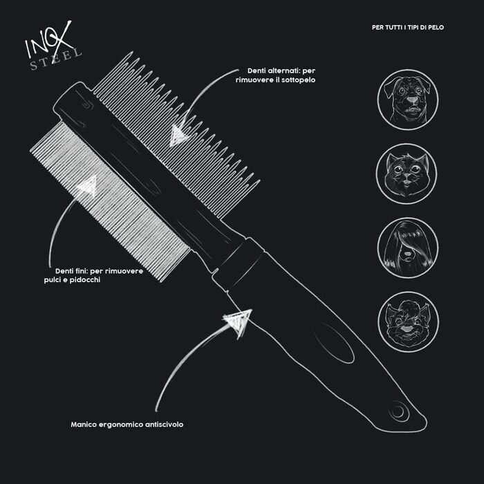 Гребінець для собак Croci Barbershop з нержавіючої сталі, видаляє підшерсток та розплутує ковтуни, 19,5 x 12,5 x 4 см (подвійний гребінець)