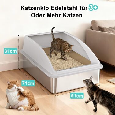Лоток для котів FURTIME XXXL з нержавіючої сталі, екстра великий туалет для котів (71x51x31 см), сріблястий