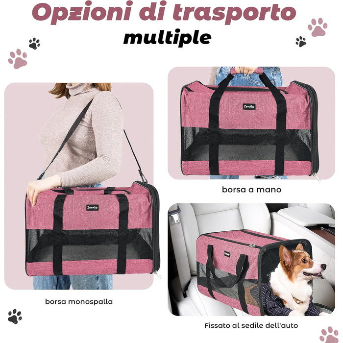 Транспортна сумка для котів та собак, дихаюча та складна, з регульованим плечовим ременем, знімний плюшевий килимок (Рожева, L)