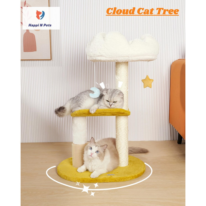 Котячий дряпак Happi N Pets Wolken, 80 см, сучасний триярусний ігровий комплекс для кішок середнього розміру з сизалевою стійкою, м'яким лежаком 40x30 см, знімними та праними подушками
