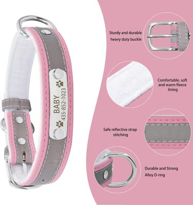 Персоналізоване світловідбиваюче нашийник та поводок для собак Senristar з гравіюванням, для малих, середніх та великих собак та котів (M, ширина 2,0 см, обхват шиї 28-36 см), рожевий комплект