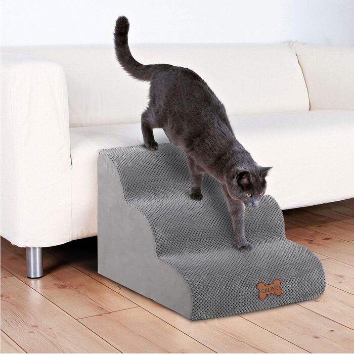 Сходинки для собак Caliyo, 3 сходинки, для маленьких собак, з високощільним губчастим матеріалом, знімний, washable cover, неслизьке дно (60 x 40 x 40 см, сірий)