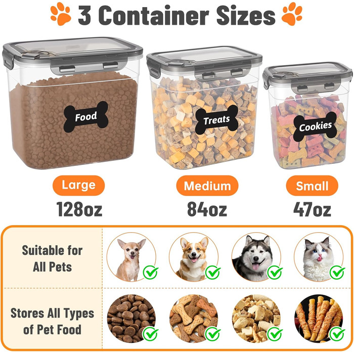 Набір контейнерів для корму для собак ZooZoo 3шт з герметичними кришками, BPA-free, для сухого корму, великі, середні, малі, з лопатками, етикетками, пінцетом та маркером
