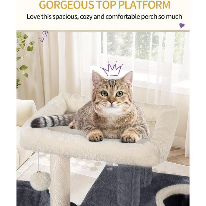 Дерево для котів Hzuaneri, 98 см, зі стійкою конструкцією, великою лежанкою, котячою печерою, сизалевими стовпчиками, кошиком та іграшками, сірий колір MS10018SG