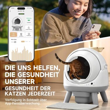 Автоматичний лоток для котів ELS PET з самоочищенням, захистом від розльоту, керуванням через додаток, без запаху, з килимком для котячого туалету та пакетами для сміття (для кількох котів) (Чорний та Сірий) (Білий Сірий)