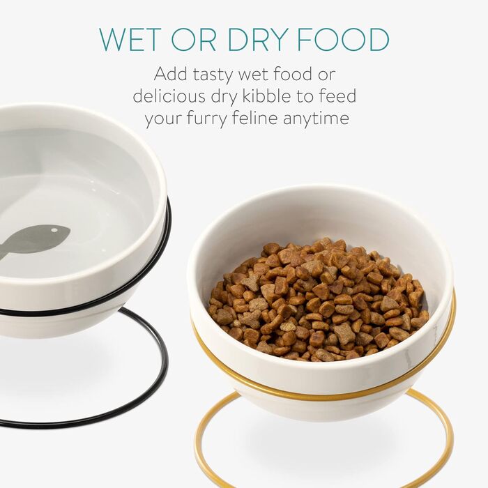 Набір мисок для тварин Navaris (2 шт) з металевим підставкою: для котів та собак, миється в посудомийній машині, нахилена миска, золото/чорний