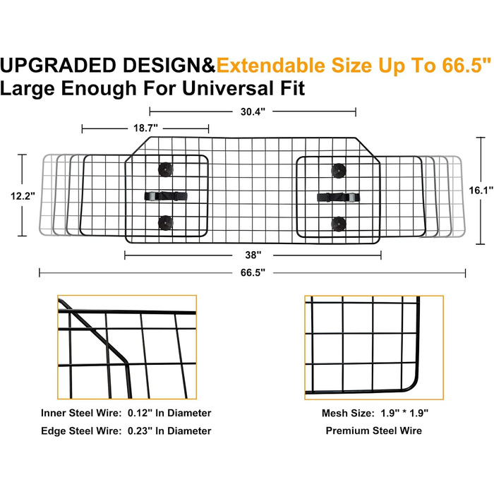 Бар'єр для собак у автомобіль NOAMOO 38-66.5 дюймів - універсальний, для SUV, мінівен, вантажівка. Безпечний огородження для тварин.
