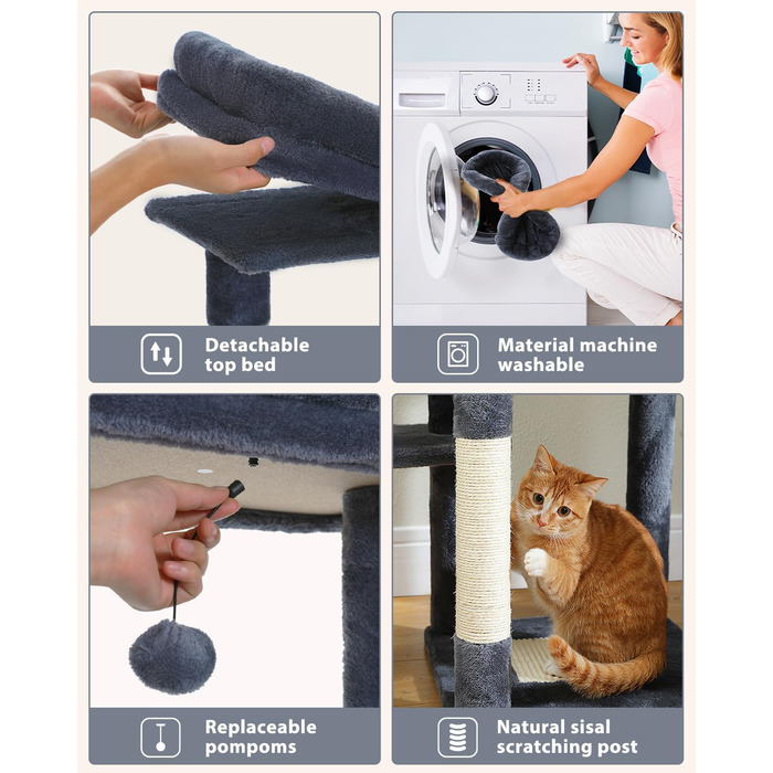 Котячий будиночок Petpela 150 см: багатоярусний котячий комплекс з гамаком, когтеточкою та стійками, сірий