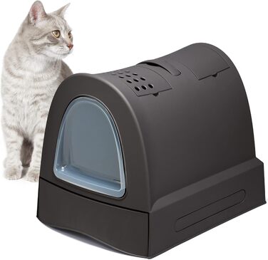 Туалет для котів із кришкою, висувним ящиком, ручкою, відсіком для зберігання та вугільним фільтром, чорний