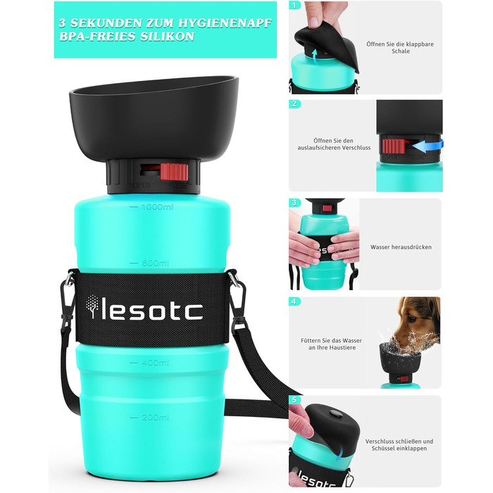 Складана пляшка для води для собак Lesotc 800 мл, вишнево-блакитна, для прогулянок, подорожей та кемпінгу